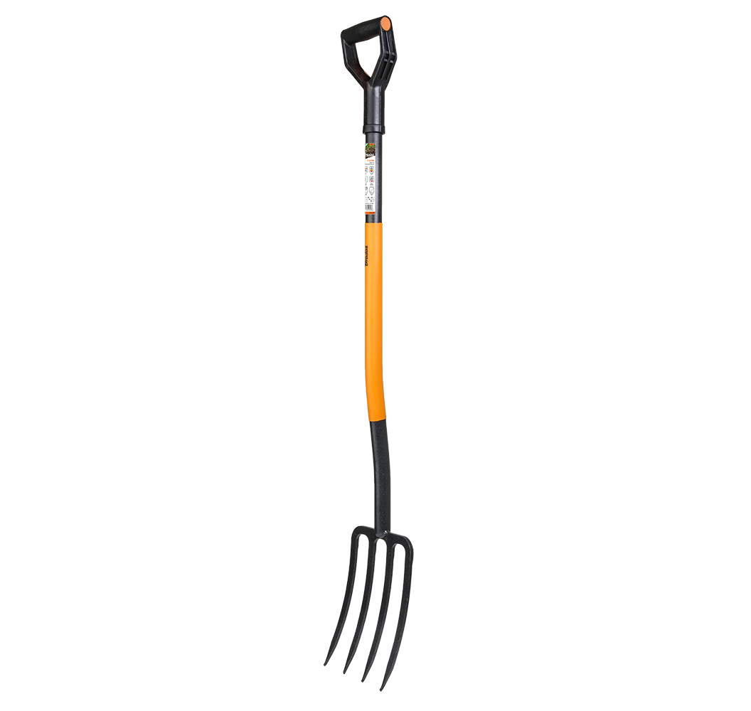 Spading fork with hardened head made of boron steel